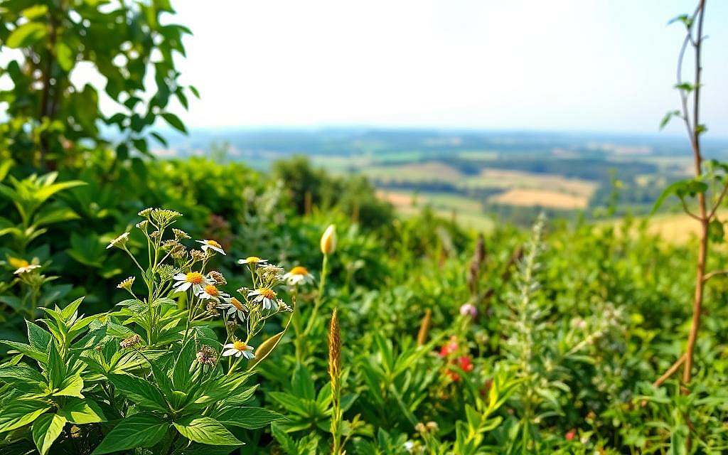 A lush, verdant garden filled with a diverse array of medicinal plants. In the foreground, a cluster of vibrant green leaves and delicate flowers, their natural hues and textures inviting closer inspection. The middle ground reveals a variety of herbs and shrubs, their gentle swaying in a soft breeze. In the background, a sprawling landscape of rolling hills and a clear blue sky, creating a serene, tranquil atmosphere. The lighting is warm and diffused, casting a natural glow over the scene. The overall composition conveys a sense of harmony and the restorative power of nature's bounty.