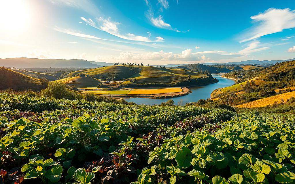 A lush, verdant landscape unfolds, showcasing the intricate relationship between environmental factors and food security. In the foreground, a diverse array of organic crops thrives, their vibrant colors and healthy foliage testifying to the richness of the soil. The middle ground features a rolling hillside, dotted with sustainable farming practices that harmonize with the natural ecosystem. In the distance, a clear, pristine river winds its way through the scene, reflecting the azure sky above. Warm, golden sunlight filters through wispy clouds, casting a serene and nourishing glow over the entire composition. The overall atmosphere conveys a sense of balance, where nature and human stewardship coexist in a delicate, symbiotic dance, ensuring the long-term sustainability of our food systems.