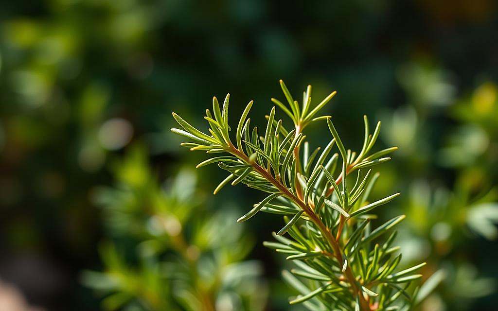 A lush, vibrant sprig of rosemary, its needle-like leaves gently swaying in soft, natural lighting. The earthy green hues are accented by a warm, golden glow, highlighting the plant's hardy, resilient texture. In the background, an out-of-focus, verdant backdrop suggests a thriving garden or herb bed, creating a sense of context and setting. The overall composition conveys the herb's freshness, vitality and the calming, grounding presence it brings to the senses. Photographed from an angle that emphasizes the plant's unique shape and structure, inviting the viewer to appreciate its intrinsic beauty and the nourishing properties it possesses.