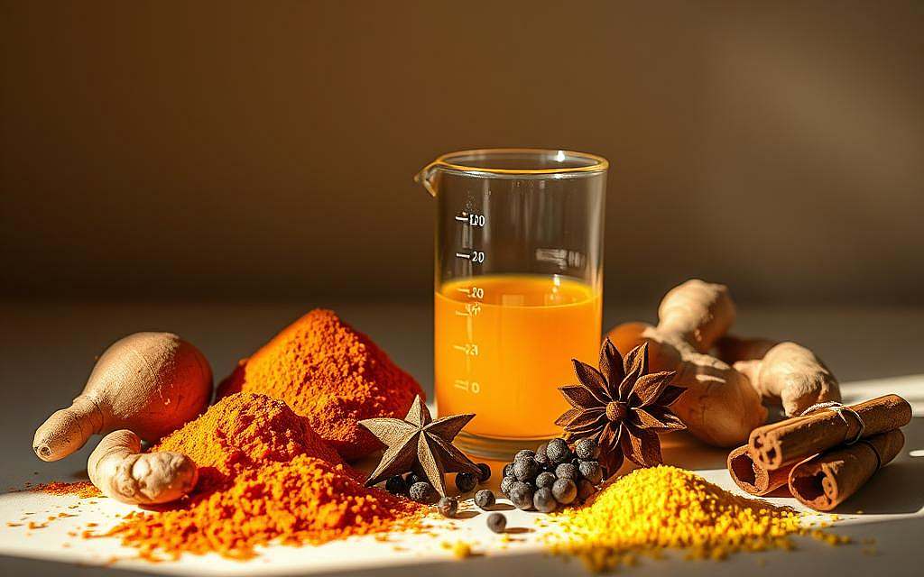 A meticulously arranged still life showcasing the bioavailability of spices. In the foreground, a selection of whole spices including turmeric, ginger, black pepper, and cinnamon, illuminated by soft, warm lighting that casts gentle shadows. In the middle ground, a glass beaker filled with a vibrant yellow-orange liquid, representing the extraction and concentration of the active compounds. The background features a minimalist, neutrally-toned backdrop, allowing the spices and the liquid to take center stage. The overall composition conveys a sense of scientific inquiry, highlighting the synergistic effects and optimal utilization of these potent ingredients.