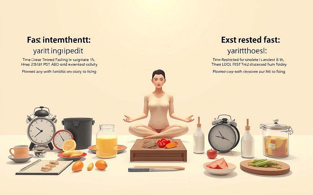 A meticulously crafted illustration of various fasting methods, set against a serene, minimalist backdrop. In the foreground, a carefully arranged display showcases the tools and techniques of intermittent fasting, time-restricted eating, and extended fasts, each item depicted with realistic detail and precision. In the middle ground, a serene figure meditates, embodying the mindfulness and discipline required for successful fasting practices. The background features a soft, muted color palette, conveying a sense of tranquility and inner focus. The lighting is warm and natural, casting a gentle glow over the scene, emphasizing the holistic nature of these fasting methodologies. Captured with a wide-angle lens, the image invites the viewer to immerse themselves in the practical considerations and spiritual aspects of this transformative process.