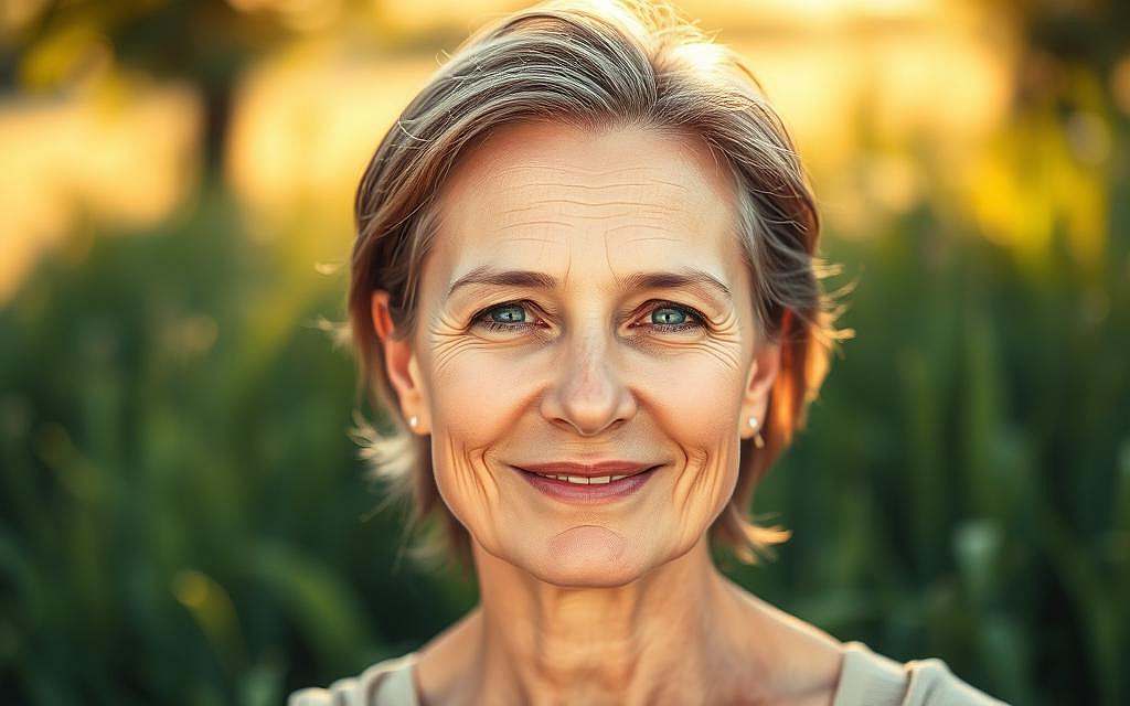 A middle-aged person with vibrant, youthful skin and a glowing complexion, standing in a serene, natural setting with lush greenery and soft, warm lighting. The person's skin appears radiant, with a healthy, blemish-free appearance, suggesting the anti-aging effects of resveratrol. The background features a tranquil, outdoor scene, such as a meadow or garden, creating a calming and rejuvenating atmosphere. The overall composition emphasizes the positive, anti-aging benefits of the antioxidant resveratrol.