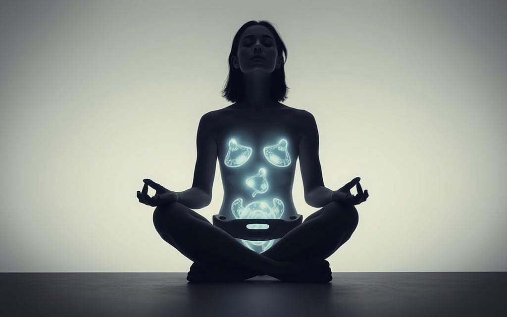 A minimalist yet striking visual representation of "Fasten und Autophagie". In the foreground, a person sits cross-legged, eyes closed, hands resting gently on their lap, exuding a sense of calm and introspection. In the middle ground, the body is subtly lit, with an ethereal glow emanating from within, symbolizing the cellular renewal and cleansing process of autophagy. The background is a soft, muted gradient, creating a serene, contemplative atmosphere, free from distractions. The overall composition conveys the challenges and myths surrounding the practice of fasting and autophagy - the inner journey of self-discovery, the delicate balance between rest and renewal. Captured with a shallow depth of field, the image draws the viewer's focus to the meditative state of the subject, inviting reflection on the holistic benefits of this transformative process.