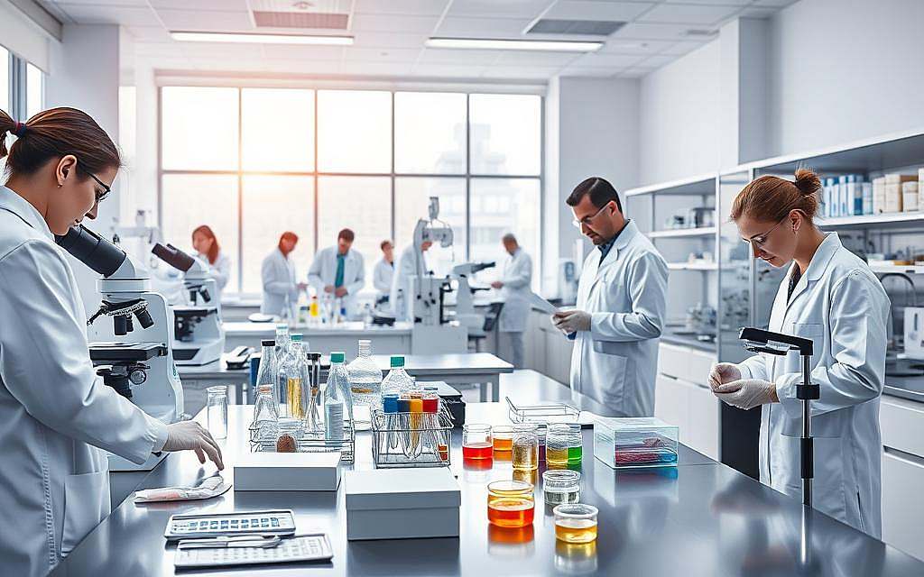 A modern laboratory setting with scientists in white coats conducting experiments and analyzing data. The foreground features a team of researchers intently studying samples under microscopes, pipettes, and Petri dishes scattered across pristine steel workbenches. The middle ground showcases cutting-edge medical equipment and diagnostic tools, conveying the advanced nature of the research. In the background, large windows allow natural light to flood the space, creating a bright and airy atmosphere conducive to scientific inquiry. The overall scene radiates a sense of dedication, precision, and the pursuit of medical breakthroughs, hinting at the complexities and potential impacts of oncological research.