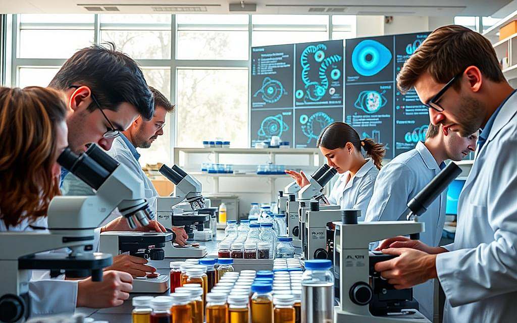 A modern research laboratory interior, well-lit with natural sunlight streaming in through large windows. In the foreground, a team of scientists intently studying a variety of eye samples under high-powered microscopes, their expressions focused as they make detailed observations. In the middle ground, shelves lined with labeled sample jars and scientific equipment, conveying the rigorous, systematic nature of their work. In the background, a large digital display board shows intricate genetic diagrams and data visualizations related to eye pigmentation. An atmosphere of dedicated, cutting-edge scientific inquiry pervades the scene.