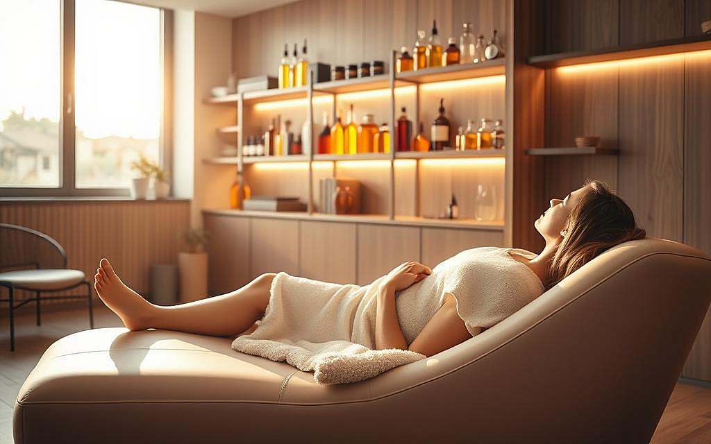 A modern therapy clinic, bathed in warm, diffused lighting. In the foreground, a patient reclining comfortably on a sleek, minimalist couch, their body draped in a soft, plush blanket. The middle ground reveals a stylish, wood-paneled interior, with shelves displaying various glass bottles and jars filled with amber-colored liquids - the tools of the trade. The background depicts large windows, allowing natural light to filter in, casting a gentle, golden glow over the scene. The overall atmosphere is one of tranquility, wellness, and the subtle power of petroleum-based remedies.