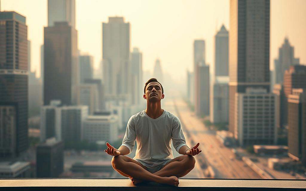 A modern urban landscape, the skyline dominated by towering skyscrapers of steel and glass. In the foreground, a lone figure sitting cross-legged, eyes closed, in a state of deep meditation, seemingly oblivious to the chaos of the city around them. Soft natural light filters through the windows, casting a warm glow on the meditator's face, highlighting their serene expression. The background is hazy, the distant buildings and traffic blurred, emphasizing the sense of inner focus and detachment. The mood is one of tranquility amidst the bustle of the modern world, a testament to the power of contemplation to transcend the distractions of everyday life.