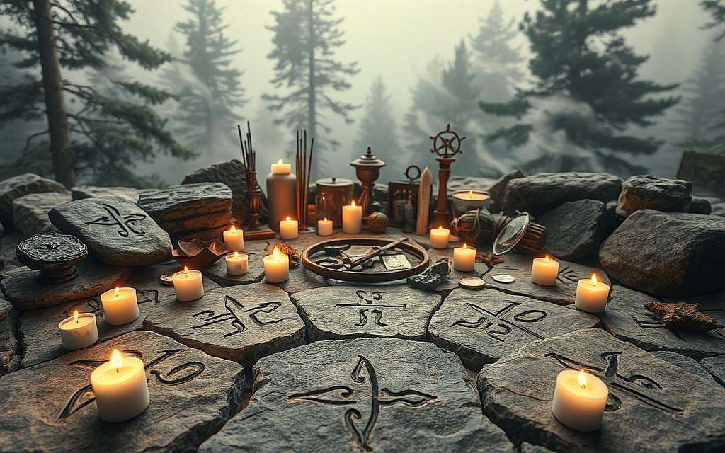 A mystic gathering amid ancient runes and modern esoteric symbols. In the foreground, intricate Nordic runes carved into weathered stones glow with a soft, ethereal light. Surrounding them, a circle of candles flickers, casting warm shadows across the scene. In the middle ground, a diverse array of mystical objects - crystals, incense, and talismans - are arranged in a ritual formation. The background fades into a hazy, dreamlike landscape, with wisps of mist curling around towering pine trees. The overall atmosphere is one of reverence, spirituality, and a blending of old and new. A 50mm lens captures the scene with a shallow depth of field, drawing the viewer's focus to the intricate details of the runes and esoteric items.