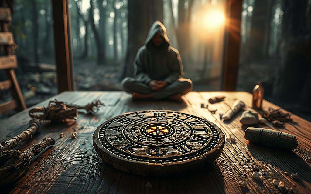 A mystical scene of ancient Germanic divination. In the foreground, a hand-carved rune tablet rests on a weathered oak table, its intricate symbols glowing with an otherworldly energy. Surrounding it, an array of natural elements - birch bark, sage, and crystals - create a sacred space. In the middle ground, a hooded figure sits cross-legged, their face obscured, channeling the unseen forces of the runes. Soft, golden light filters through a window, casting a warm, contemplative glow over the scene. In the background, a shadowy forest looms, hinting at the deep, primal wisdom of the old ways. The atmosphere is one of reverence, mystery, and a profound connection to the divine.