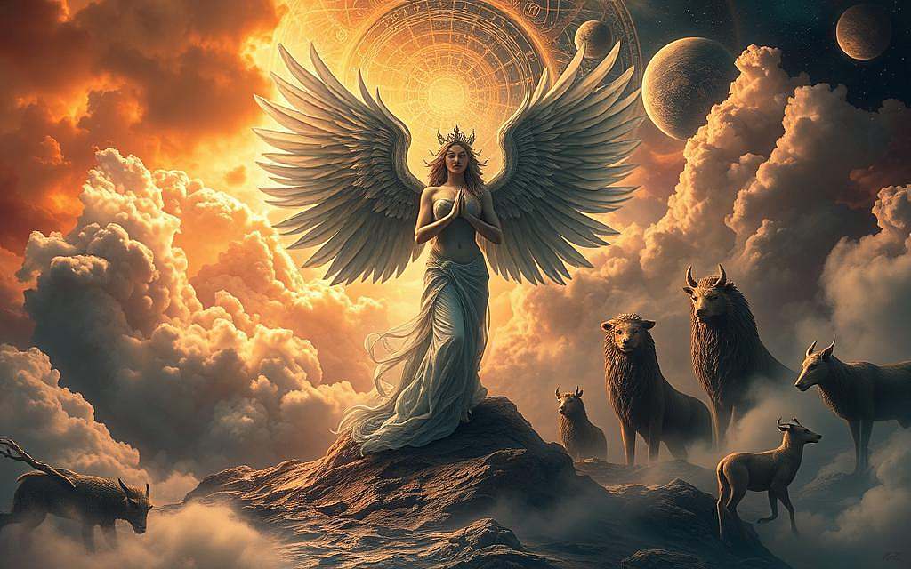 A mystical scene of ancient mythology and archetypal imagery. In the foreground, a majestic winged figure, representing the divine feminine, stands amidst swirling cosmic energy. Billowing clouds of vibrant hues surround her, hinting at the depths of the collective unconscious. In the middle ground, symbolic animal totems emerge from the shadows, guiding the viewer through the realms of the subconscious. The background showcases a timeless, ethereal landscape, where celestial bodies dance in an endless dance of creation and destruction. Warm, atmospheric lighting casts a dreamlike glow, evoking a sense of mystery and wonder. Captured with a wide-angle lens to emphasize the grandeur and scale of the mythological narrative.
