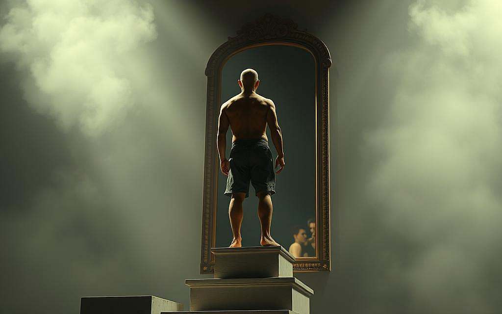 A narcissistic figure stands atop a pedestal, gazing admiringly at their own reflection in a mirror. Dramatic lighting casts dramatic shadows, highlighting their grandiose self-perception. The background is hazy and indistinct, drawing all attention to the central subject. The scene exudes an air of self-absorption and detachment from reality. Crisp, high-resolution details capture the subject's inflated sense of importance and entitlement. A palpable aura of vanity and egocentricity pervades the image.