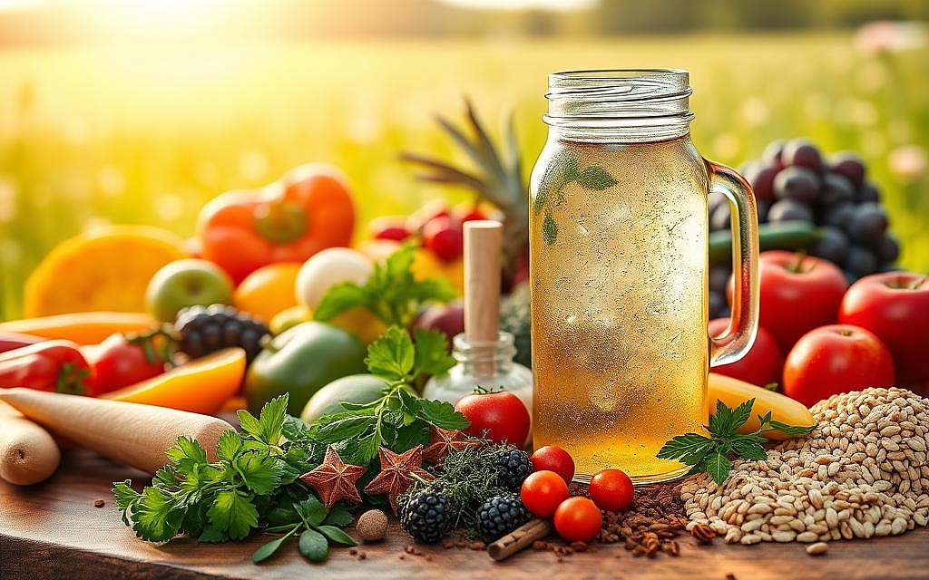 A nourishing feast of vibrant fruits, vegetables, and whole grains against a backdrop of a serene, sunlit meadow. In the foreground, a glass jar filled with an effervescent tonic, surrounded by an assortment of fresh herbs and spices, symbolizing the powerful connection between nutrition and immune health. The warm, soft lighting casts a natural, soothing glow, while the composition is balanced and inviting, encouraging the viewer to embrace the simple pleasures of a mindful, immune-boosting diet.