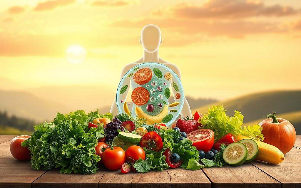 A nutritional therapy illustration for the Cell Symbiosis Therapy by Kremer. In the foreground, a vibrant salad of fresh vegetables and fruits, meticulously arranged on a wooden table. The middle ground features a transparent human cell, its intricate structures visible, with nutritional elements being absorbed. In the background, a serene landscape of rolling hills and a warm, golden-hued sky, conveying a sense of balance and harmony. The lighting is soft and diffused, creating a calming atmosphere. The composition emphasizes the interconnectedness of cellular health, nutrition, and the natural world, reflecting the principles of the Cell Symbiosis Therapy.