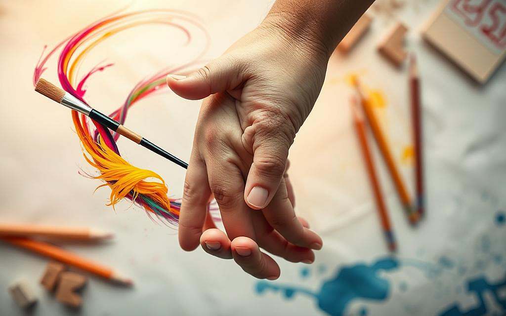 A pair of hands, one left and one right, intertwined in a swirling dance of creativity. The left hand, holding a paintbrush, leaves a trail of vibrant colors across a canvas, while the right hand guides the movement, a symphony of motion and expression. The background blurs into a hazy, dreamlike realm, with soft, diffused lighting casting a warm, ethereal glow. Textures of paper, pencils, and other artistic tools fill the frame, creating a tactile, immersive atmosphere. The composition conveys a sense of balance, harmony, and the symbiotic relationship between handedness and the creative process.