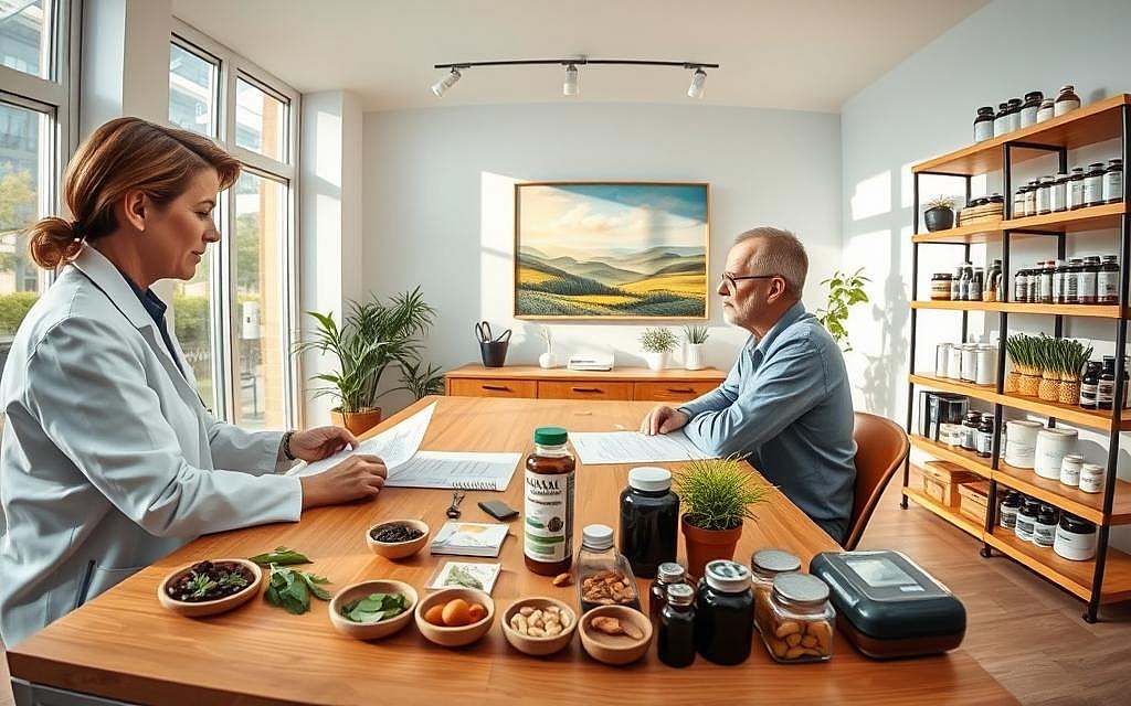 A panoramic view of a modern, airy medical office, with natural light streaming through large windows. The foreground features a practitioner in a white coat, deep in discussion with a patient seated across a wooden table, examining holistic treatment plans and natural supplements. The middle ground showcases various herbal remedies, acupuncture needles, and other complementary therapy tools neatly organized on shelves. The background depicts a serene landscape painting, hinting at the tranquil, restorative atmosphere. The scene conveys a sense of harmony, empowerment, and a collaborative approach to cancer treatment.