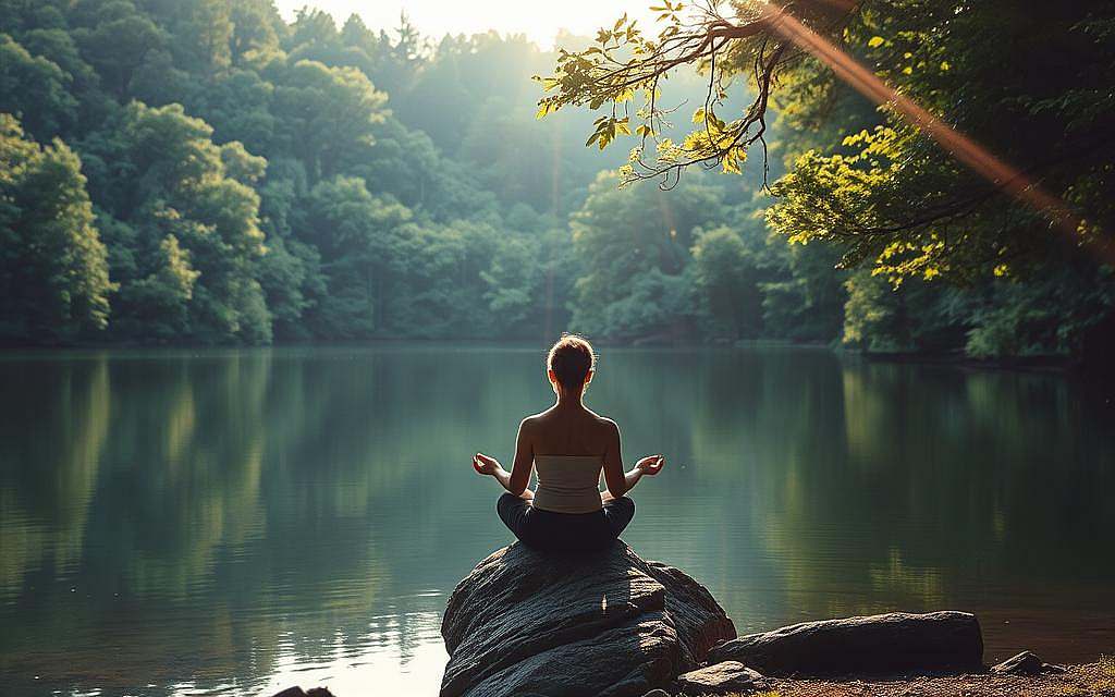 A peaceful, serene landscape with a tranquil lake reflecting the surrounding forest. In the foreground, a person sits cross-legged on a rock, their eyes closed in meditation. Soft, warm sunlight filters through the trees, casting a gentle glow over the scene. The background is filled with lush, verdant foliage, creating a sense of seclusion and solitude. The overall atmosphere is one of profound inner stillness and healing, inviting the viewer to find their own connection to the present moment.