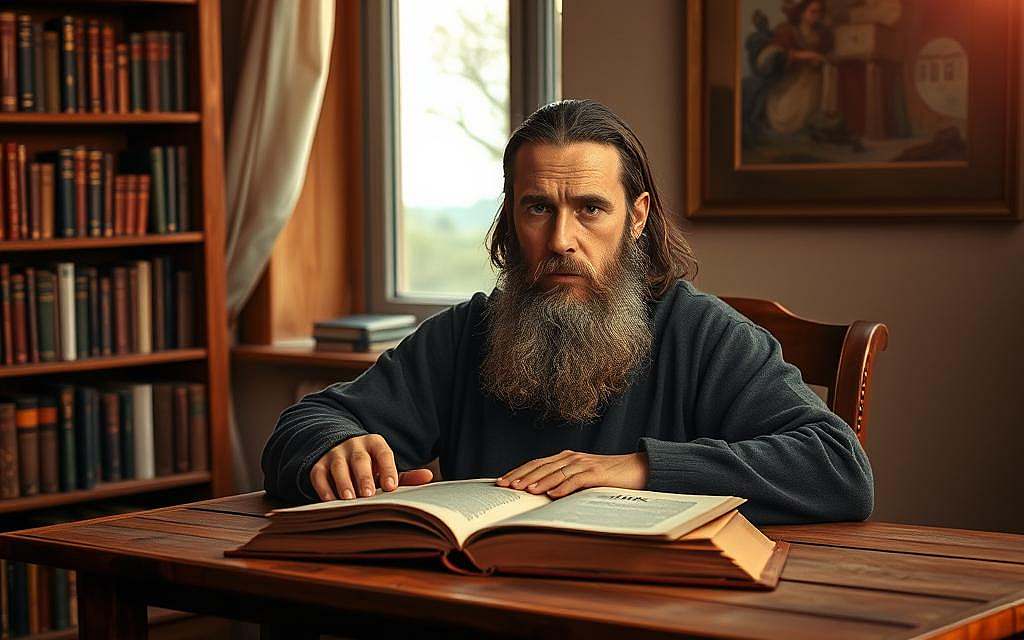A pensive, bearded philosopher sits at a simple wooden desk, an open book titled "Ethik" before him. Soft, warm lighting illuminates the scene, casting a contemplative glow. In the background, a bookshelf filled with tomes and a window revealing a tranquil, natural landscape, suggesting the unity of knowledge and nature that defines Spinoza's philosophy. The philosopher's expression is one of deep concentration, embodying the thoughtful exploration of human happiness and ethical conduct. The composition emphasizes the intimacy of intellectual pursuit, inviting the viewer to join in Spinoza's meditations on the foundations of morality and the human condition. A pensive, bearded philosopher sits at a simple wooden desk, an open book titled "Ethik" before him. Soft, warm lighting illuminates the scene, casting a contemplative glow. In the background, a bookshelf filled with tomes and a window revealing a tranquil, natural landscape, suggesting the unity of knowledge and nature that defines Spinoza's philosophy. The philosopher's expression is one of deep concentration, embodying the thoughtful exploration of human happiness and ethical conduct. The composition emphasizes the intimacy of intellectual pursuit, inviting the viewer to join in Spinoza's meditations on the foundations of morality and the human condition.