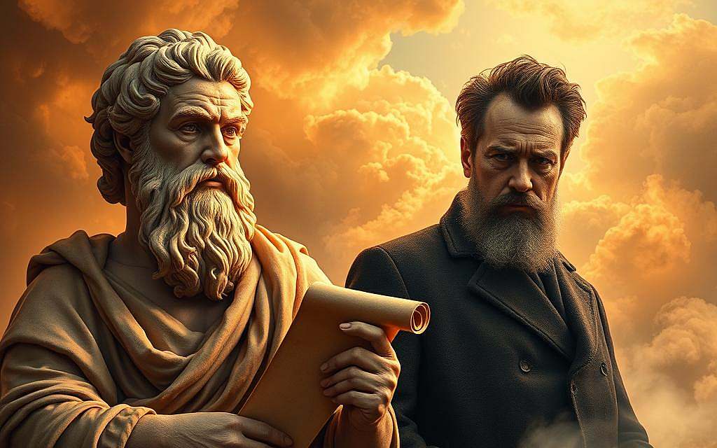 A pensive Heraclitus and a contemplative Nietzsche, their figures bathed in warm, golden light, stand against a backdrop of swirling, ethereal clouds and mist, symbolizing the ever-changing nature of reality. Heraclitus, his brow furrowed, holds a scroll, representing his philosophy of "panta rhei" - the notion that all things are in flux. Nietzsche, his gaze piercing and intense, appears to be in deep thought, pondering the implications of this ancient concept. The composition suggests a timeless dialogue between these two seminal thinkers, whose ideas have profoundly shaped the course of Western philosophy.