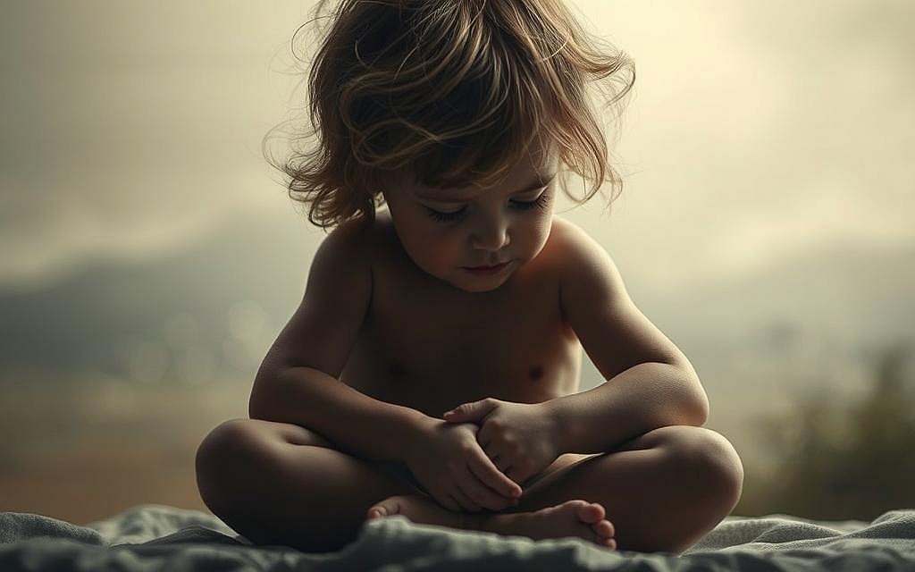 A pensive, introspective child sits cross-legged, gazing inwardly with an expression of deep contemplation. Soft, diffused lighting bathes the scene, creating an intimate, dreamlike atmosphere. The child's face is framed by a halo of wispy, ethereal hair, hinting at the hidden depths of their inner world. The background fades into a muted, abstract landscape, allowing the viewer to focus solely on the child's meditative presence. Delicate, translucent textures and a muted color palette evoke a sense of vulnerability and the fragility of the psyche. The image conveys the essence of the "inneres Kind" - the hidden, wounded aspects of the self that shape our perceptions and behaviors.