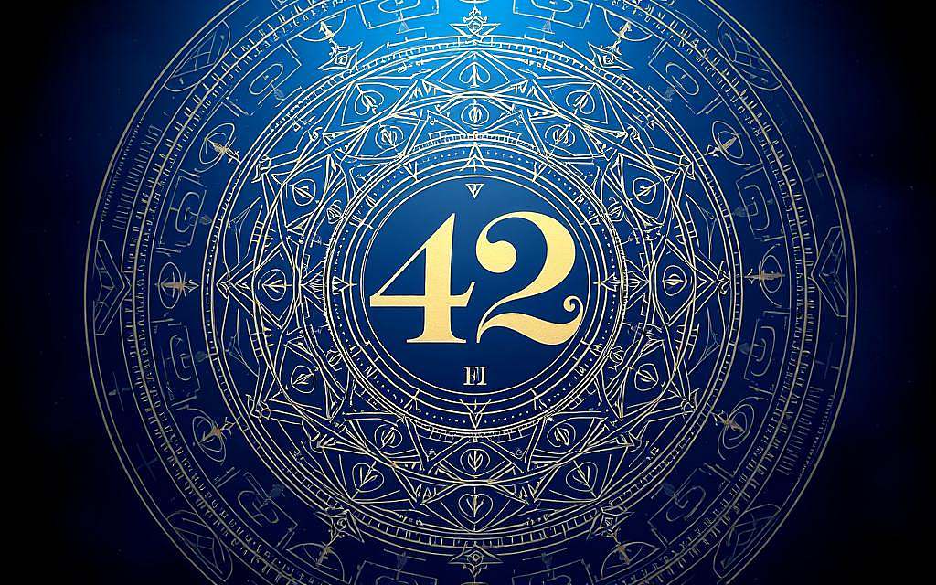 A pristine, intricate mandala-like pattern, centered on the number "42" rendered in an elegant, calligraphic style. The number is surrounded by a complex web of concentric circles, geometric shapes, and intricate line work. The overall design evokes a sense of ancient wisdom, cosmic significance, and profound mystery. The background is a rich, deep blue, creating a serene and contemplative atmosphere. Soft, diffused lighting emanates from the center, casting a warm, almost ethereal glow across the composition. The entire scene has a timeless, almost mystical quality, hinting at the hidden meanings and fundamental truths encoded within this most enigmatic of numbers.