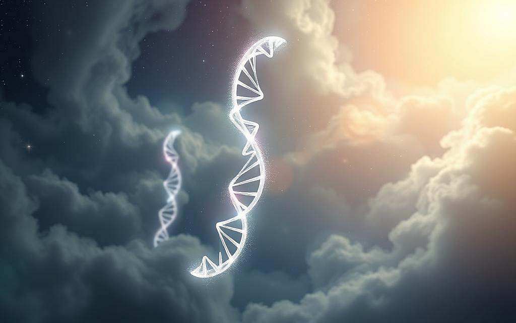 A radiant, ethereal DNA strand floats in a serene, otherworldly environment. The triple helix structure shimmers with an iridescent glow, its strands intertwining in a graceful, mesmerizing dance. Soft, diffused lighting casts gentle shadows, creating a sense of depth and dimension. The background is a vast, celestial expanse, with swirling clouds of stardust and distant galaxies providing a mystical, spiritual backdrop. The composition emphasizes the tranquil, transformative nature of this "Third Strand," a conduit to the inner self and a key to personal growth and enlightenment.