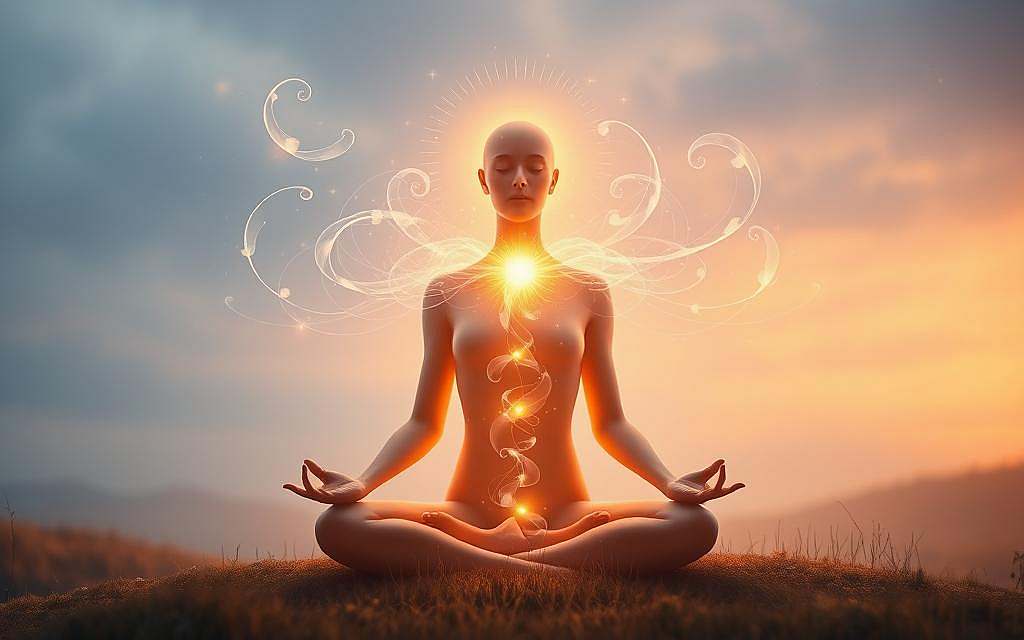 A radiant human figure sits in a meditative pose, their form emanating a luminous energy. Delicate swirls of light emanate from their center, cascading outward in a mesmerizing display. The background is a serene, dreamlike landscape, with soft hues of blues and purples creating a sense of tranquility. Ethereal wisps of energy dance around the figure, hinting at a deeper, spiritual connection. Warm, diffused lighting bathes the scene, casting a peaceful glow. The composition draws the viewer's gaze inward, inviting contemplation of the transcendent, transformative power of Lichtkörperaktivierung.