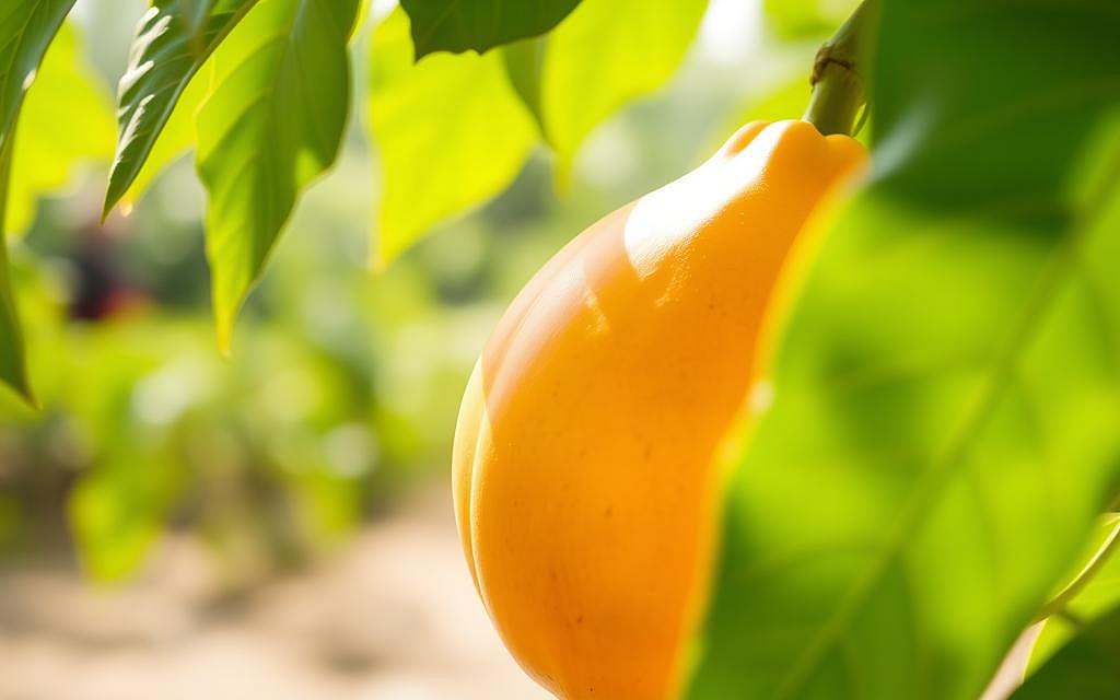 A ripe, vibrant papaya fruit glowing in the warm sunlight, its golden-orange skin contrasted by the lush green leaves surrounding it. The papaya sits in the foreground, inviting the viewer to appreciate its juicy, nutrient-rich flesh. In the middle ground, a soft, blurred background suggests a natural, serene setting, perhaps a tropical garden or orchard. The lighting is soft and diffused, highlighting the papaya's smooth texture and the delicate veining of the leaves. The overall atmosphere is one of freshness, vitality, and the bountiful goodness of nature.