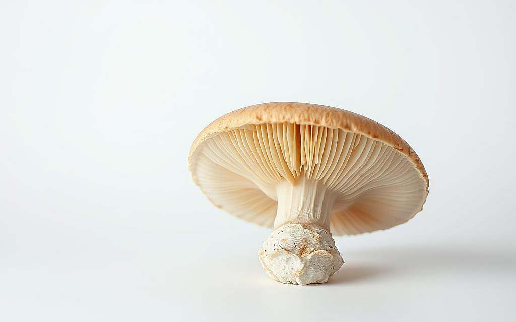 A scientific study on Agaricus Blazei mushroom, set against a clean, minimalist background. Centered on a close-up view of the mushroom, its delicate, beige-colored cap and gills rendered in precise detail. Soft, diffused lighting illuminates the specimen, creating a sense of scientific observation and analysis. The composition is balanced, with ample negative space to allow the subject to be the focal point. The overall mood is one of clinical examination, inviting the viewer to study the intricate structure of this medicinal fungus.