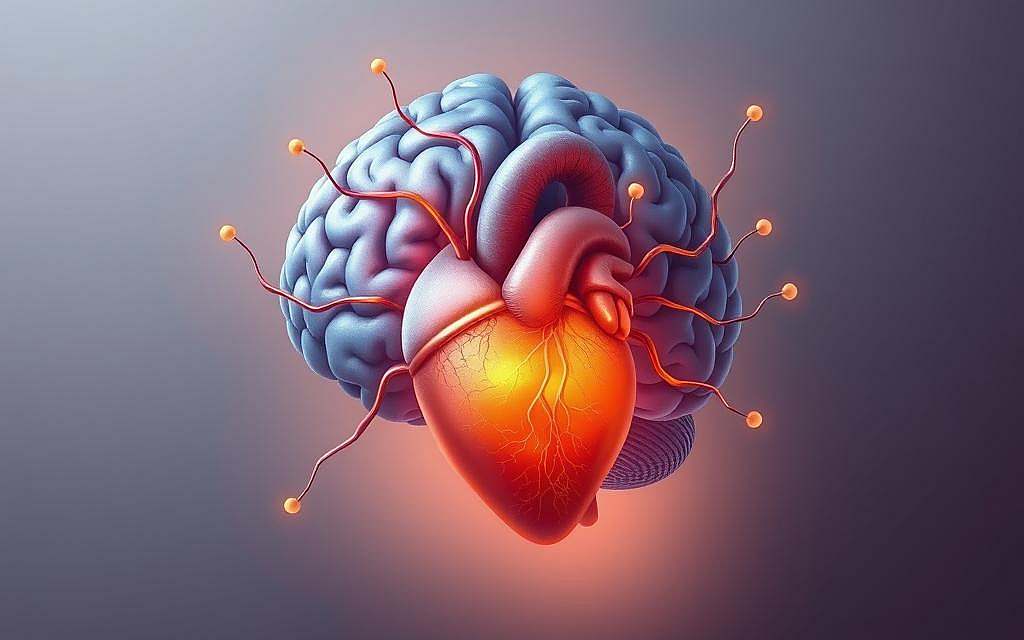 A serene, anatomical illustration of the heart and brain, showcasing their intricate connections and harmonious relationship. The heart, pulsing with warm, golden light, radiates an aura of tranquility. The brain, rendered in shades of blue and violet, appears receptive and attuned to the heart's rhythmic signals. Delicate tendrils, resembling neural pathways, intertwine the two organs, symbolizing the concept of heart-brain coherence. The scene is illuminated by a soft, diffused light, creating a contemplative and meditative atmosphere. The composition is balanced, with the heart and brain positioned in a harmonious, symmetrical arrangement, highlighting their interdependence and the importance of their synchronization for optimal self-regulation.