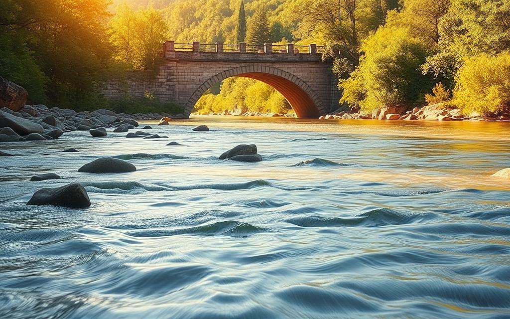 A serene, ancient riverscape along the banks of the Heraklit Fluss. The flowing waters glisten under the warm, golden sunlight, casting shimmering reflections on the smooth stones and lush, verdant foliage lining the shore. In the middle distance, a weathered stone bridge spans the river, its graceful arches echoing the timeless rhythm of the water's ceaseless movement. The overall scene conveys a sense of tranquility and timelessness, inviting the viewer to contemplate the metaphysical significance of the eternal flow of the river, a powerful symbol of the ever-changing nature of reality in the philosophy of Heraclitus.