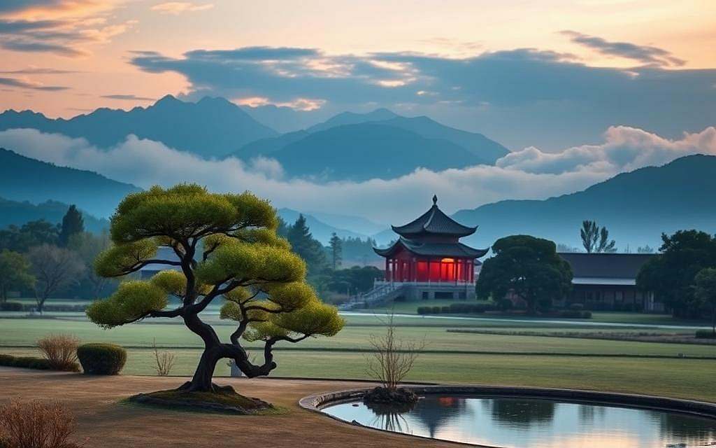 A serene and harmonious landscape reflecting the spiritual essence of Confucianism. In the foreground, a tranquil garden with carefully pruned bonsai trees and a small pond, its surface mirroring the azure sky above. In the middle ground, a simple but elegant temple structure, its rooflines curving gracefully, bathed in warm, diffused lighting. The background features distant mountains shrouded in mist, evoking a sense of timelessness and inner contemplation. The overall scene conveys a profound sense of balance, unity, and the harmonious integration of the natural and the spiritual realms.