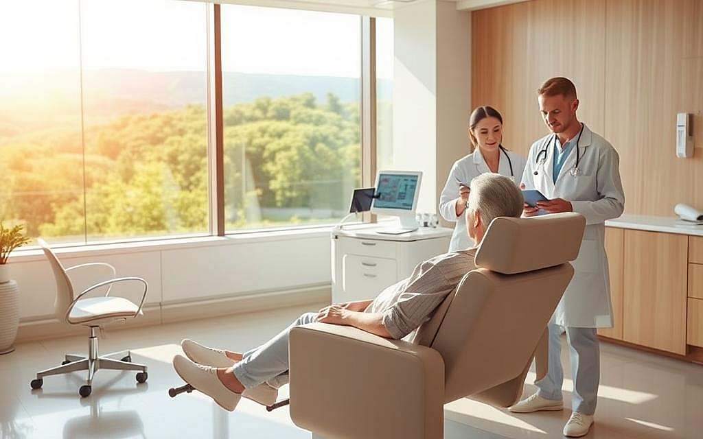 A serene and hopeful scene of a modern cancer treatment center, bathed in warm natural light. In the foreground, a patient sits in a comfortable chair, undergoing an innovative, cutting-edge therapy that appears to be more targeted and personalized than traditional chemotherapy. Around them, medical professionals in clean, sterile attire consult tablets and confer, conveying a sense of diligent, collaborative care. In the background, a panoramic window offers a view of a lush, verdant landscape, symbolizing the promise of new life and renewed health. The overall atmosphere is one of progress, compassion, and the triumph of science over disease.
