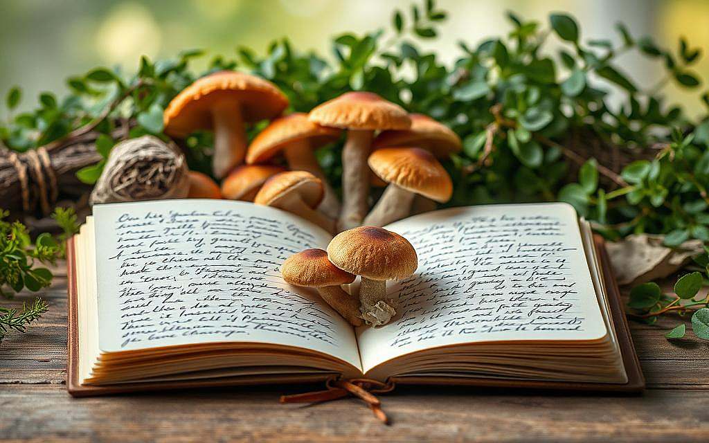 A serene and inviting composition showcasing a collection of personal accounts and case studies about the remarkable Agaricus blazei Murill mushroom. The foreground features several open notebooks or journals with handwritten entries, conveying a sense of authenticity and firsthand experiences. The middle ground includes a selection of the mushrooms themselves, their earthy tones and textures drawing the viewer in. The background subtly blends natural elements like lush greenery and soft, diffused lighting, creating a calming, nature-inspired atmosphere. The overall scene emanates a sense of thoughtfulness, discovery, and the potential of this remarkable fungus to impact health and well-being.