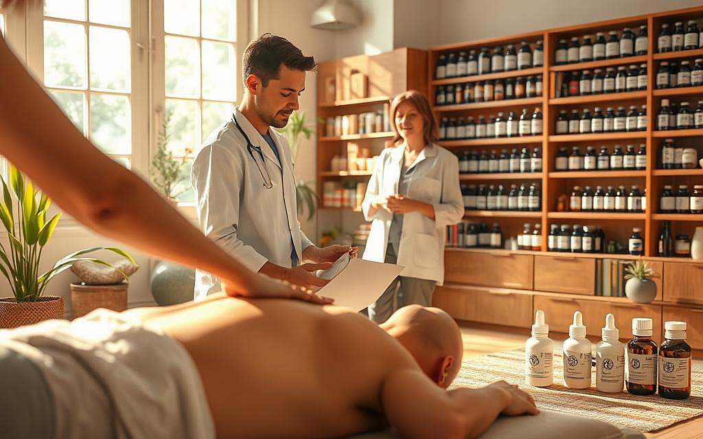 A serene and meditative scene depicting various alternative healing modalities. In the foreground, a practitioner performs a gentle osteopathic adjustment on a patient, their hands gliding with precision. In the middle ground, a naturopath consults with a client, discussing holistic remedies and herbal supplements. In the background, a homeopathic pharmacy displays an array of small vials and tinctures, their labels emblazoned with ancient symbols. Warm, natural lighting filters through large windows, casting a soothing glow over the entire scene. The atmosphere is one of tranquility, inviting the viewer to explore the diverse world of alternative and complementary healthcare.