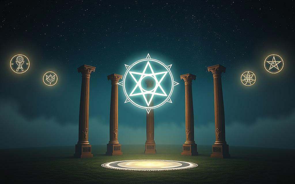 A serene and mystical scene depicting the symbolic essence of the number 5. In the foreground, a central pentagram floats, its five points shimmering with an ethereal glow. Surrounding it, five glowing spheres representing the five senses - sight, sound, touch, taste, and smell - orbit gracefully. In the middle ground, five tall, elegant columns stand, each adorned with intricate carvings and symbols. The background is a tranquil, misty landscape with a starry night sky, hinting at the number's deeper spiritual significance. The lighting is soft and atmospheric, casting a contemplative mood. Capture this vision using a wide-angle lens to emphasize the harmonious, balanced composition.