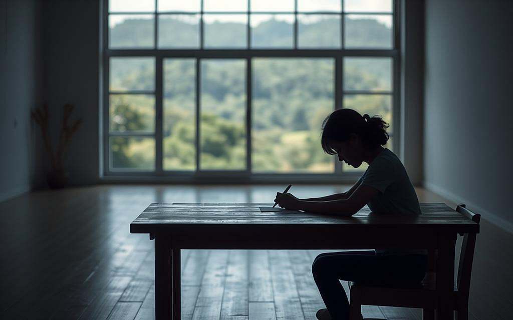 A serene and tranquil scene depicting a person in a state of mindful presence, deeply engaged with their everyday tasks. The foreground shows a figure seated at a simple wooden table, their hands gently resting on the surface as they focus intently on the task at hand, perhaps writing or sketching. The middle ground features a softly lit, minimalist interior with natural light filtering in through large windows, creating a sense of openness and calm. In the background, a lush, verdant landscape can be seen, hinting at the connection between the inner and outer worlds. The overall mood is one of quiet contemplation, inviting the viewer to pause and embrace the beauty of the present moment. Prompt