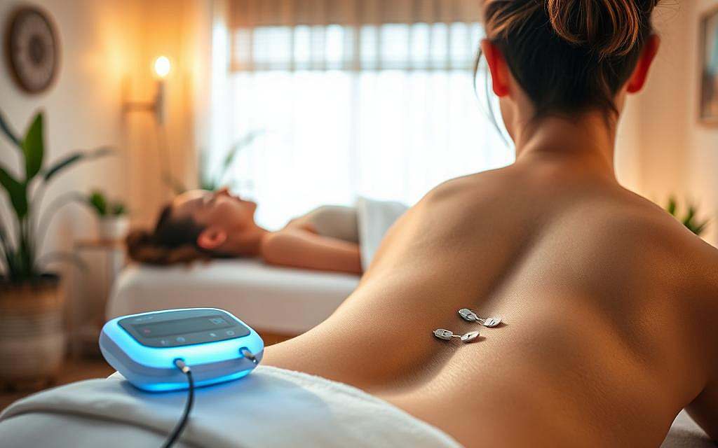 A serene and tranquil scene depicting the application of microcurrent therapy for pain relief. In the foreground, the delicate electrodes of a TENS unit are gently applied to a person's lower back, the soft blue glow of the device casting a soothing light. In the middle ground, a relaxed figure lies on a treatment table, their expression one of calm and relief as the gentle microcurrents stimulate the body's natural healing processes. The background features a warm, earthy-toned wellness clinic, with soft lighting, natural textures, and healing plants, conveying a sense of holistic well-being. The overall atmosphere is one of therapeutic relaxation and the restorative power of microcurrent technology.
