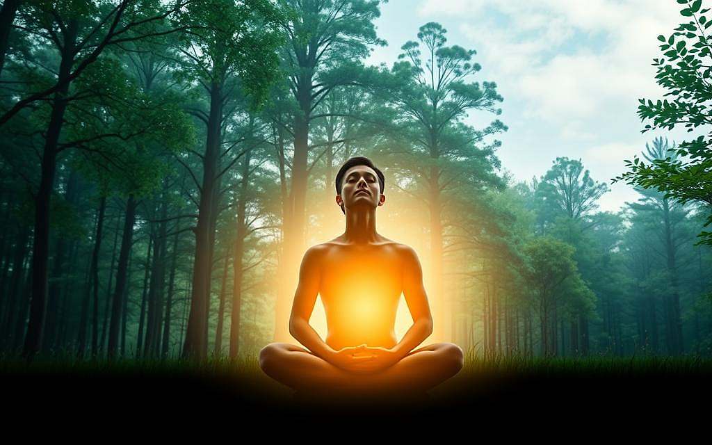 A serene and tranquil scene depicting the "Herzintelligenz Meditation". In the foreground, a person sits in a lotus position, eyes closed, hands resting gently on their lap. A soft, warm light emanates from behind, casting a gentle glow around their figure. The background is a peaceful, natural setting - a lush, verdant forest with trees reaching up towards the sky. Soft, wispy clouds drift overhead, adding to the calming atmosphere. The overall mood is one of deep introspection, inner focus, and a profound connection to the rhythmic intelligence of the heart.
