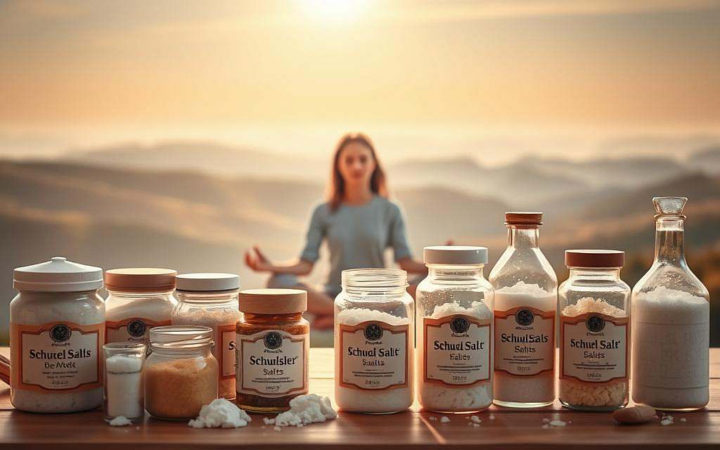 A serene and tranquil scene depicting the use of Schüßler salts for alleviating mental and emotional distress. In the foreground, an arrangement of various mineral salt jars and bottles, their labels visible. In the middle ground, a person in a meditative pose, their expression one of calm and inner peace. The background features a soothing, softly-lit landscape with rolling hills and a distant horizon, conveying a sense of harmony and balance. The overall mood is one of introspection, wellness, and the restorative power of natural remedies. Warm, earthy tones predominate, with soft lighting that casts a gentle glow over the scene.