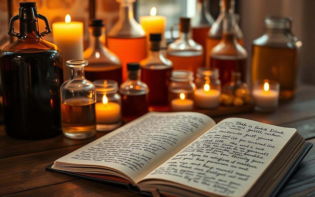 A serene, candlelit interior setting with various glass bottles and jars filled with a warm, amber-colored liquid – petroleum. The scene is bathed in a soft, cozy glow, creating an atmosphere of introspection and natural healing. In the foreground, an open notebook rests on a wooden table, its pages filled with handwritten testimonials and personal accounts of the restorative power of this versatile substance. A sense of tranquility and wonder pervades the scene, inviting the viewer to immerse themselves in the intimate experiences and insights shared by those who have discovered the remarkable properties of petroleum.