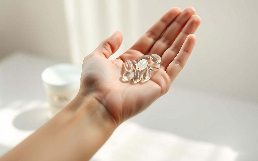 A serene, close-up shot of a smooth, healthy-looking human hand gently holding a handful of glycine supplements against a soft, blurred background. The lighting is natural and diffused, creating a calming, ethereal atmosphere. The hand is positioned in the foreground, drawing the viewer's attention to the delicate texture of the skin and the pure, crystalline appearance of the glycine. The middle ground features a softly blurred container or package, hinting at the source of the supplements. The background is a muted, pastel palette, suggesting a tranquil, spa-like setting. The overall composition and lighting aim to convey the restorative, anti-aging benefits of glycine for skin health and cellular protection.