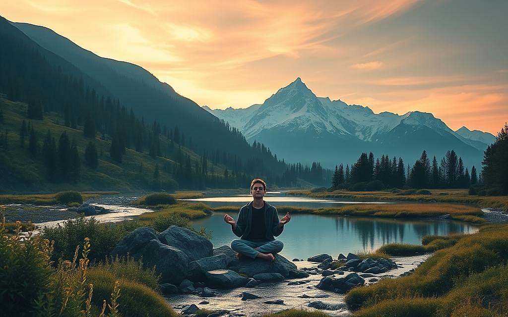 A serene, contemplative landscape bathed in soft, warm lighting. In the foreground, a lone figure sits cross-legged on a rocky outcrop, eyes closed in deep meditation, surrounded by lush greenery and the gentle flow of a nearby stream. The middle ground features a tranquil pond reflecting the sky above, while the background showcases majestic, snow-capped mountains rising into the distance, evoking a sense of timelessness and connection to the natural world. The overall atmosphere is one of introspection, inner peace, and the journey of self-discovery.