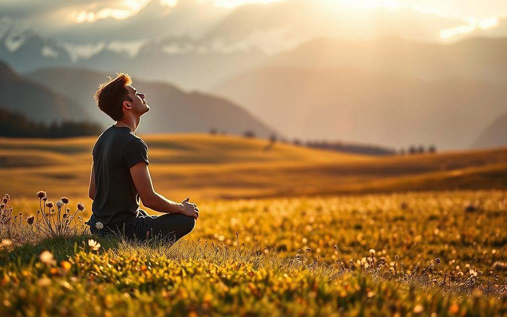 A serene, contemplative landscape bathed in warm, golden light. In the foreground, a lone figure sits cross-legged, eyes closed, deeply immersed in introspective thought. The middle ground features a sprawling, verdant meadow dotted with wildflowers, hinting at the richness of the present moment. In the distance, a range of majestic, snow-capped mountains rises, symbolizing the boundless potential of the future. The scene conveys a sense of tranquility, balance, and the harmonious interplay between the here-and-now and the yet-to-come, embodying the essence of "Antizipation."