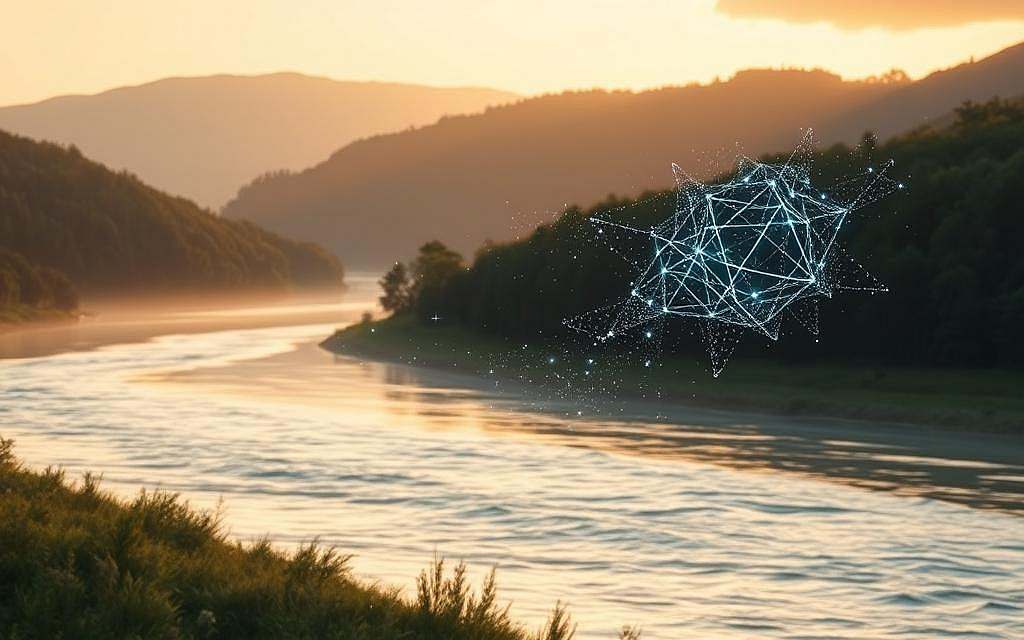 A serene, contemplative landscape depicting Heraklit's "Flusskonzept" (river concept) in the context of quantum theory. A tranquil river flows through a verdant, hilly environment, its waters mirroring the shifting, fluid nature of reality. Shimmering energy fields and ghostly quantum particles dance across the scene, alluding to the underlying quantum mechanics that govern the perpetual change and flux of the natural world. Warm, diffused lighting casts a soft, introspective glow, inviting the viewer to ponder the interplay between Heraklit's philosophical insights and the revelations of modern science. The overall composition conveys a sense of harmony and interconnectedness, capturing the essence of Heraklit's vision within a contemporary scientific framework.