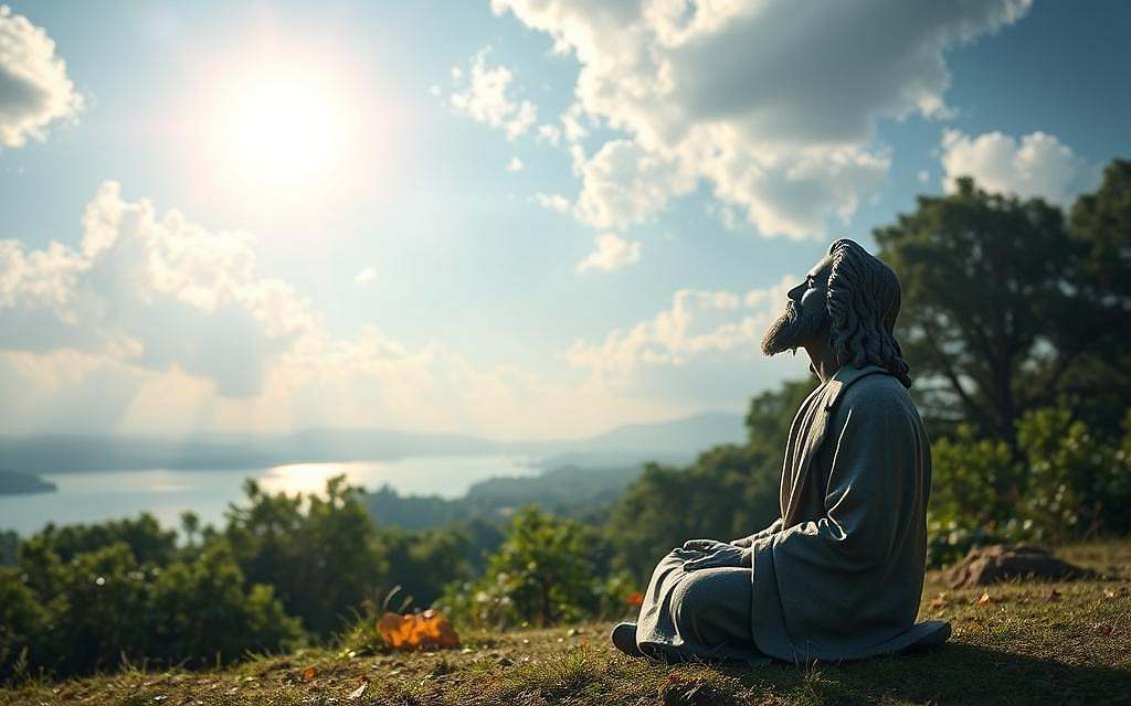 A serene, contemplative landscape depicting Spinoza's concept of "Deus sive Natura" - God as Nature. In the foreground, a pensive Spinoza figure seated in a meditative pose, his gaze directed upwards towards a luminous, ethereal sky. The background showcases a natural setting, with lush, verdant foliage and a tranquil body of water reflecting the heavens above. Soft, diffused lighting imbues the scene with a sense of mysticism and wonder, as if capturing the essence of Spinoza's revolutionary understanding of the divine. The overall composition conveys a harmonious, unified vision of God and Nature, mirroring the philosopher's groundbreaking perspective. A serene, contemplative landscape depicting Spinoza's concept of "Deus sive Natura" - God as Nature. In the foreground, a pensive Spinoza figure seated in a meditative pose, his gaze directed upwards towards a luminous, ethereal sky. The background showcases a natural setting, with lush, verdant foliage and a tranquil body of water reflecting the heavens above. Soft, diffused lighting imbues the scene with a sense of mysticism and wonder, as if capturing the essence of Spinoza's revolutionary understanding of the divine. The overall composition conveys a harmonious, unified vision of God and Nature, mirroring the philosopher's groundbreaking perspective.