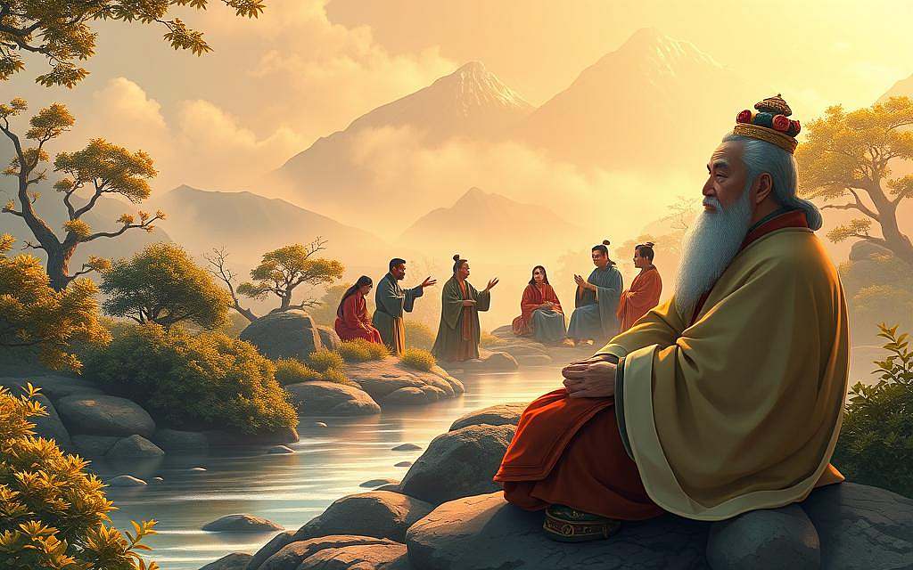 A serene, contemplative landscape depicting the philosophical teachings of Confucius. In the foreground, a wise, elderly Confucius sits cross-legged, his face radiating a profound sense of inner peace. He is surrounded by lush, verdant foliage and a tranquil stream. In the middle ground, a group of students and scholars engage in animated discussions, their gestures and expressions conveying the depth of Confucius' political and ethical doctrines. The background features a majestic mountain range, the peaks shrouded in mist, symbolizing the timeless, elevated nature of Confucian philosophy. The scene is illuminated by warm, golden light, evoking a sense of enlightenment and harmony. The overall composition and mood reflect the essence of Confucius' teachings on cultivating personal virtue, social harmony, and righteous governance.