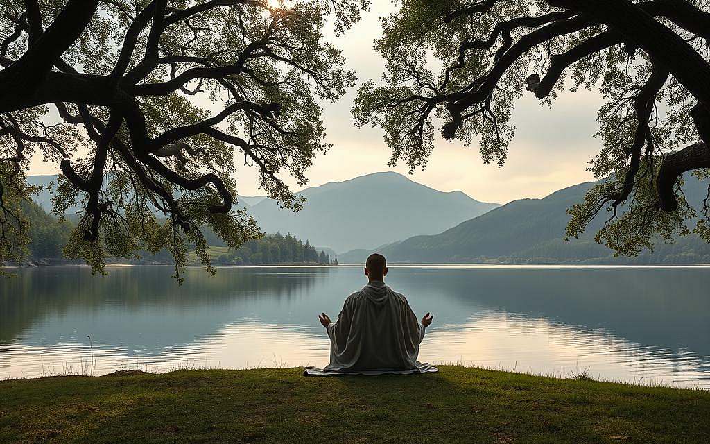 A serene, contemplative landscape in the style of 19th century German Romanticism. A peaceful lake reflects the overcast sky, with mountains rising in the distance. In the foreground, a lone figure sits cross-legged in deep meditation, their robes flowing gently in a soft breeze. Dappled light filters through the canopy of ancient oak trees, casting a warm, spiritual glow over the scene. The atmosphere is one of profound introspection and connection with the natural world. The image conveys a sense of timelessness, as if this moment of profound contemplation could have occurred at any point throughout history.