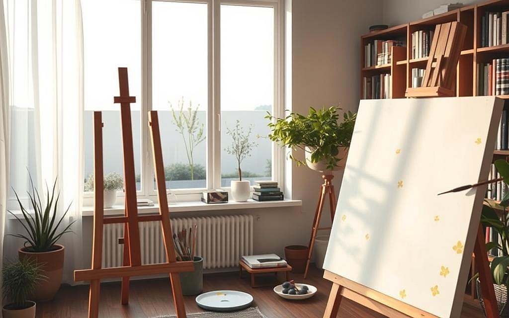 A serene, contemplative landscape of an artist's creative space. In the foreground, a canvas on an easel, with brushes, paints, and a palette nearby, suggesting the artist's meditative process. The middle ground features a window overlooking a tranquil, minimalist garden, with natural light filtering in, casting a warm, diffused glow. In the background, bookshelves line the walls, hinting at the intellectual and spiritual depth of the artist's practice. The overall atmosphere is one of introspection, concentration, and the organic flow of creative expression, inviting the viewer to immerse themselves in the meditative essence of "Kontemplative Kunst".