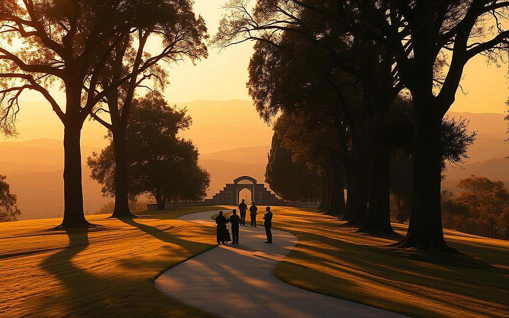 A serene, contemplative landscape set in warm, golden light. In the foreground, a winding path leads towards a large, imposing archway, its intricate stonework suggesting the grandeur of a philosophical or academic institution. Towering trees line the path, their branches casting soft, dappled shadows. In the middle ground, a group of scholars or thinkers engage in thoughtful discussion, gesturing towards the archway and the ideas it represents. The background is filled with a horizon of rolling hills, hazy in the distance, conveying a sense of expansive, intellectual exploration. The overall scene evokes a harmonious balance between the path of knowledge and the ethical considerations that guide it.