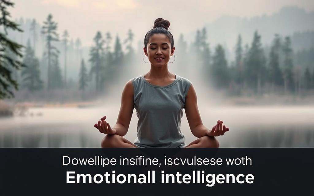 A serene, contemplative landscape with a person sitting cross-legged in a meditative pose, their face illuminated by soft, warm lighting. The background features a tranquil, misty forest with towering trees and a calm, reflective lake. The person's expression conveys a sense of inner peace and emotional awareness, symbolizing the development of emotional intelligence. The composition is balanced, with the person as the focal point, surrounded by the natural elements that inspire introspection and self-discovery.